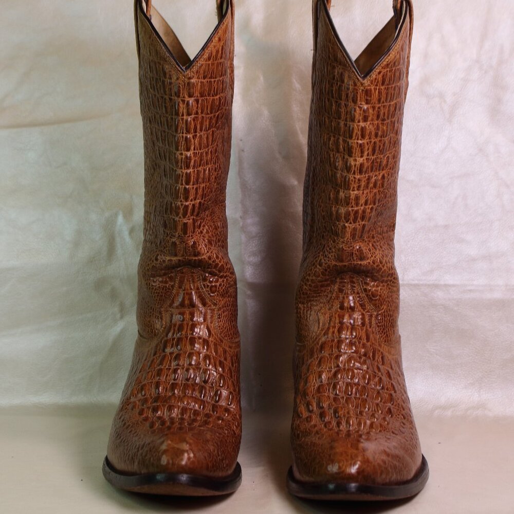 Botas Roy Cowboy Boots + Crocodilian-Pattern Leather + Cognac Brown + Size US 10